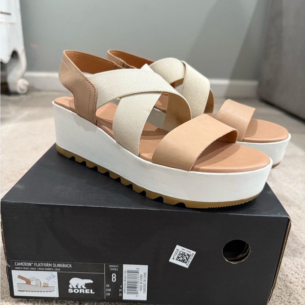 Sorel Cameron Platform Slingback Sandal in Tan and Off-White size 8